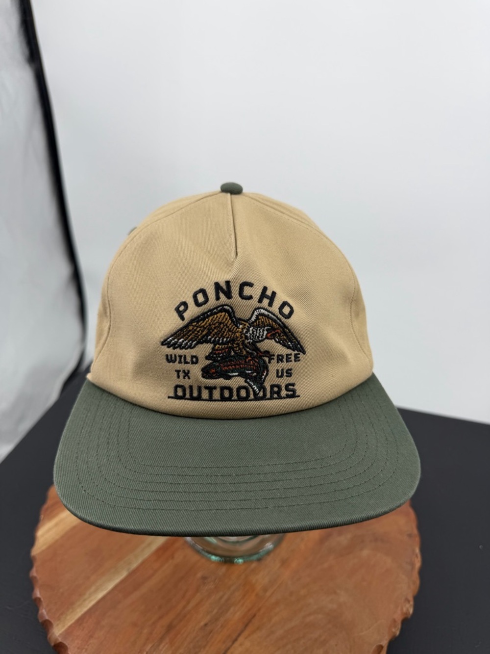 Poncho Outdoors Eagle and Trout Snapback Hat beige khaki green